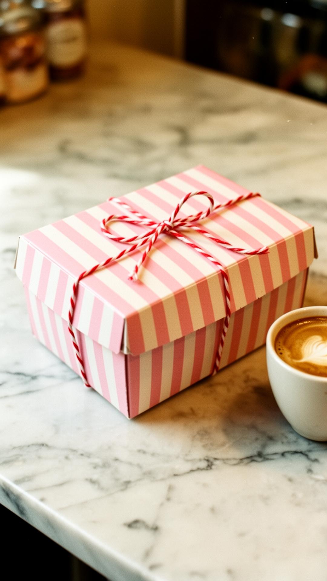 A pink-and-white striped bakery box on a marble counter with espresso