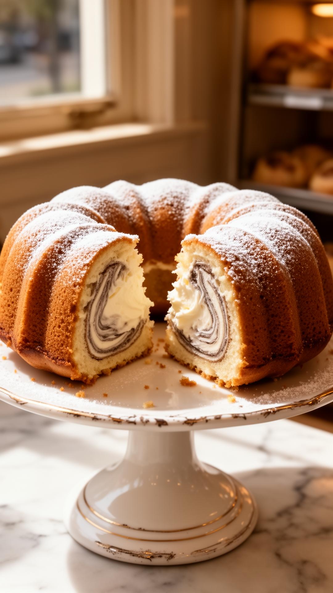A whole Bundt-shaped Philly Fluff cake on a vintage cake stand