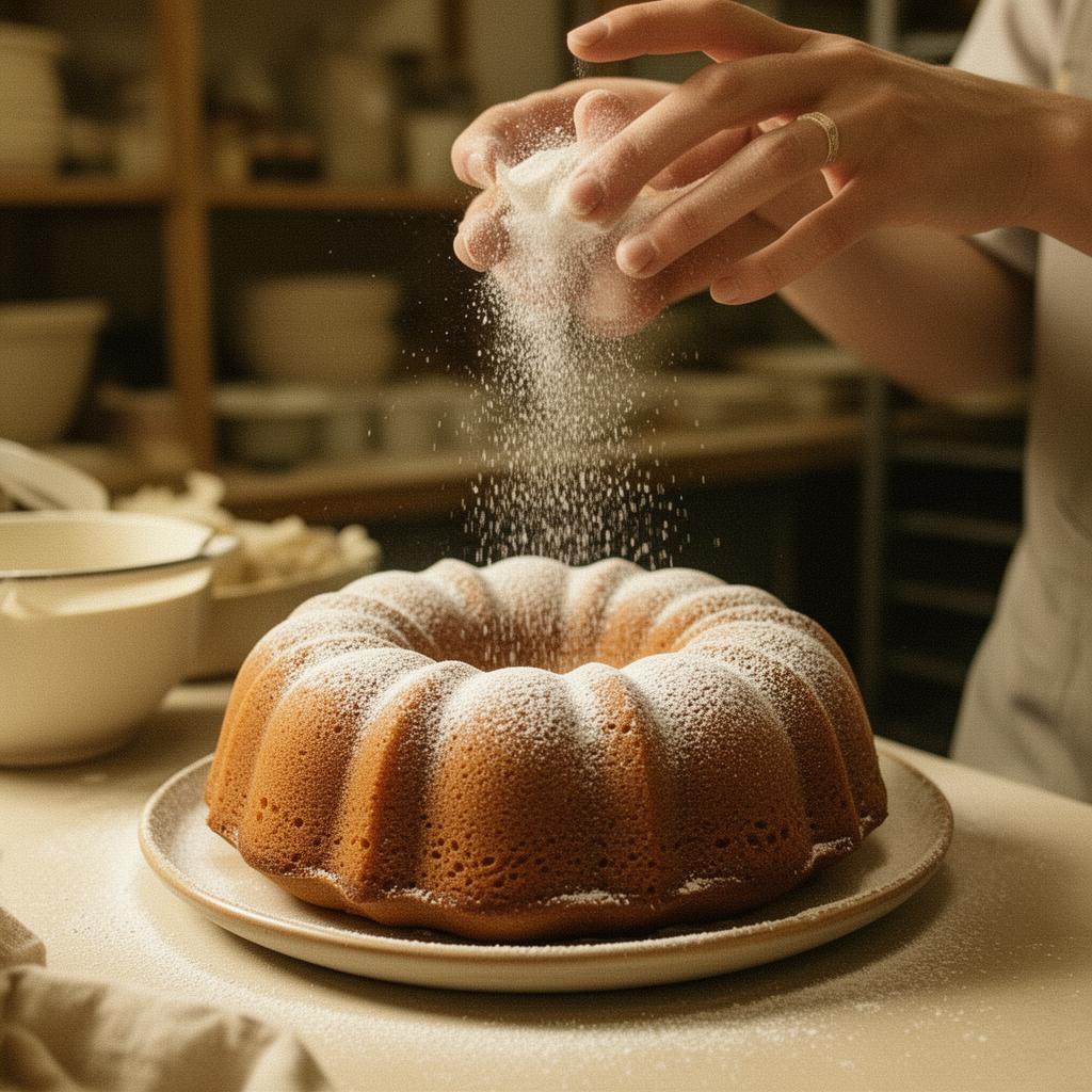 Hands dusting powdered sugar over a Bundt cake