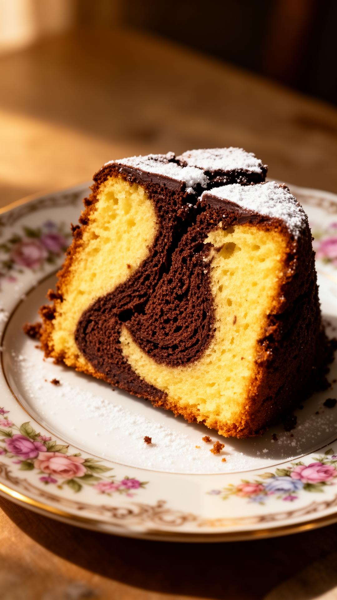 A chocolate marble Philly Fluff slice on vintage china
